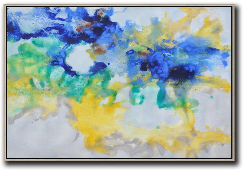 Large Abstract Painting Canvas Art,Hand Painted Horizontal Abstract Oil Painting On Canvas,Hand-Painted Canvas Art,Blue,Yellow,Green,Grey.etc